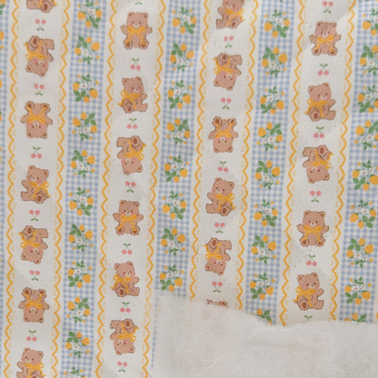 【即納 】teddy fruit picnic quilting / フラワー / チェック/ フルーツ柄 / くま / テディベア / キルティング / 韓国生地［QU049］