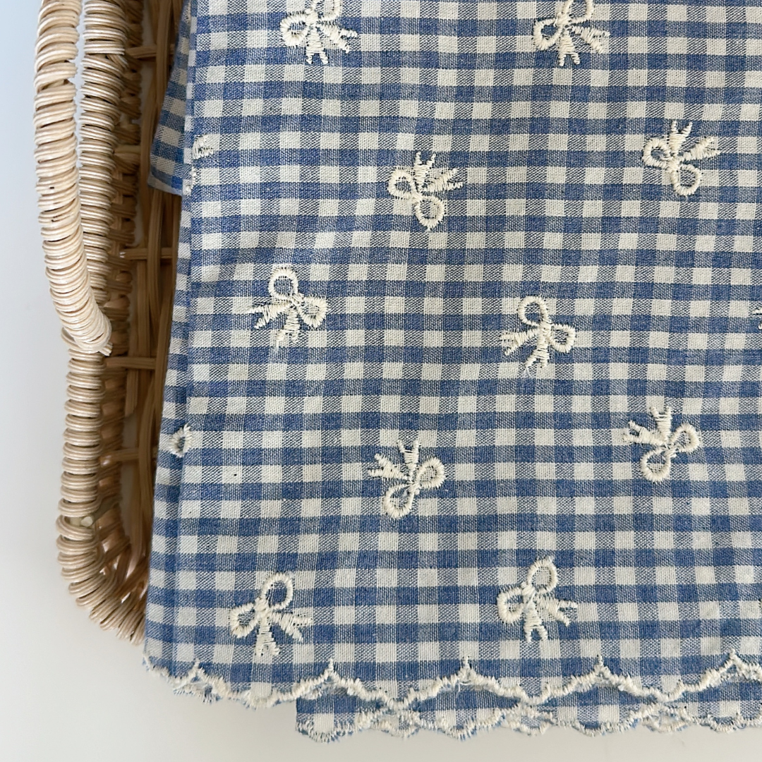 【予約】blue ribbon check / 刺繍 / コットン / リボン［EM007］