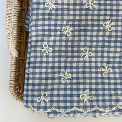 【予約】blue ribbon check / 刺繍 / コットン / リボン［EM007］