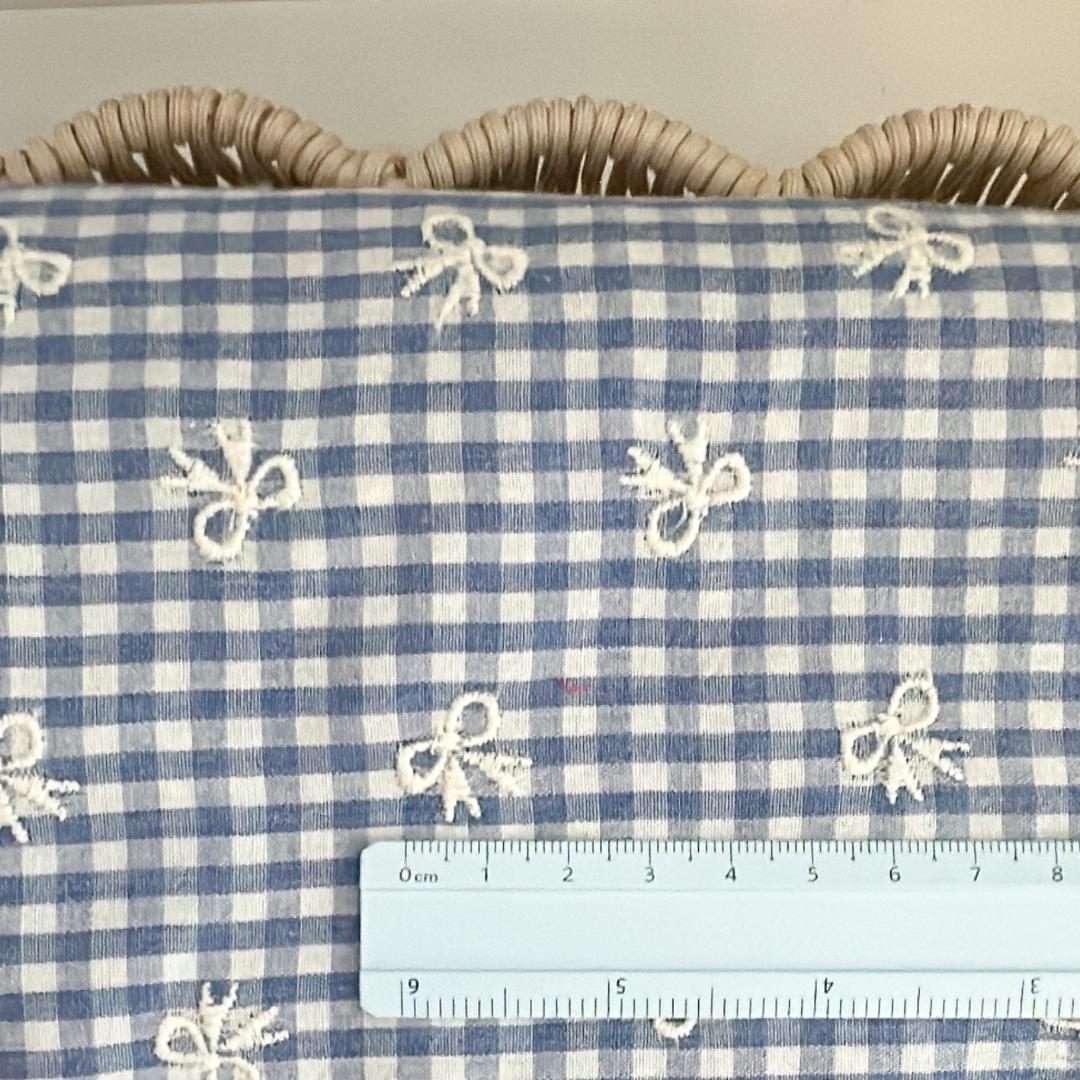【予約】blue ribbon check / 刺繍 / コットン / リボン［EM007］