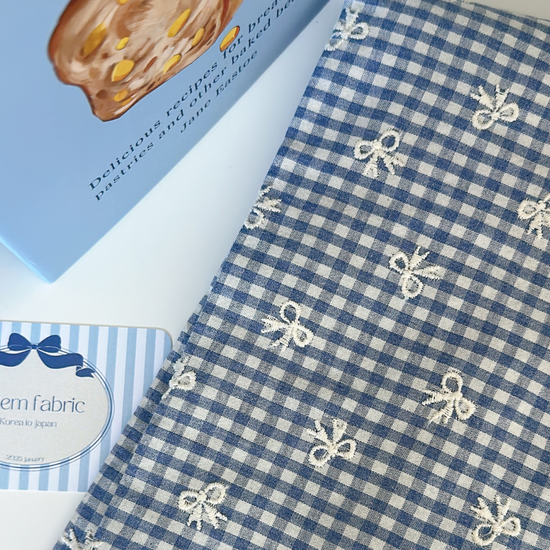 【予約】blue ribbon check / 刺繍 / コットン / リボン［EM007］