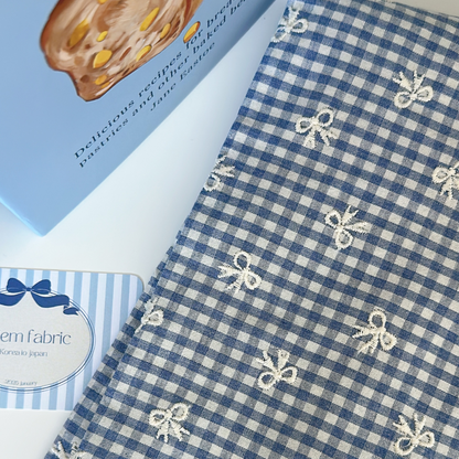 【予約】blue ribbon check / 刺繍 / コットン / リボン［EM007］