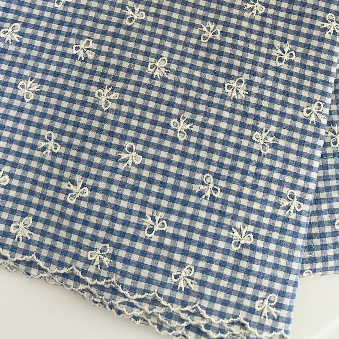 【予約】blue ribbon check / 刺繍 / コットン / リボン［EM007］