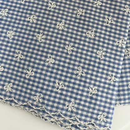 【予約】blue ribbon check / 刺繍 / コットン / リボン［EM007］