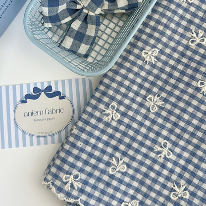 【予約】blue ribbon check / 刺繍 / コットン / リボン［EM007］