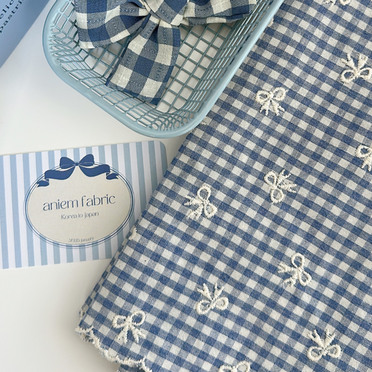 【予約】blue ribbon check / 刺繍 / コットン / リボン［EM007］