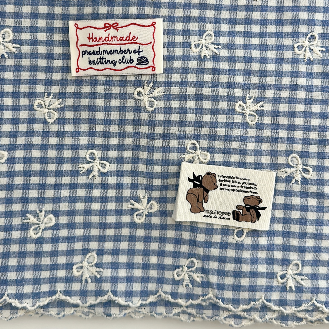 【予約】blue ribbon check / 刺繍 / コットン / リボン［EM007］