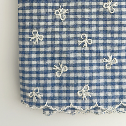 【予約】blue ribbon check / 刺繍 / コットン / リボン［EM007］