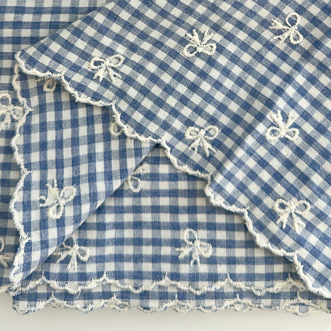 【予約】blue ribbon check / 刺繍 / コットン / リボン［EM007］