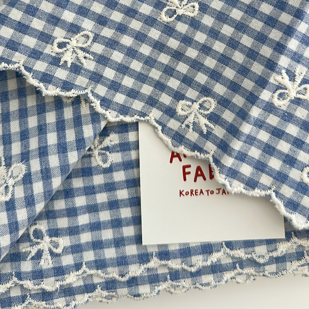 【予約】blue ribbon check / 刺繍 / コットン / リボン［EM007］