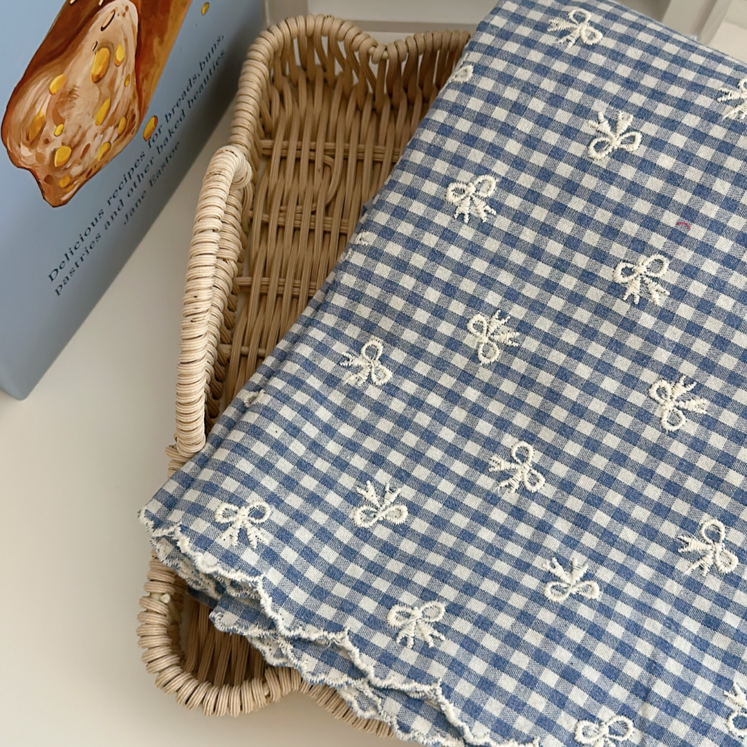 【予約】blue ribbon check / 刺繍 / コットン / リボン［EM007］