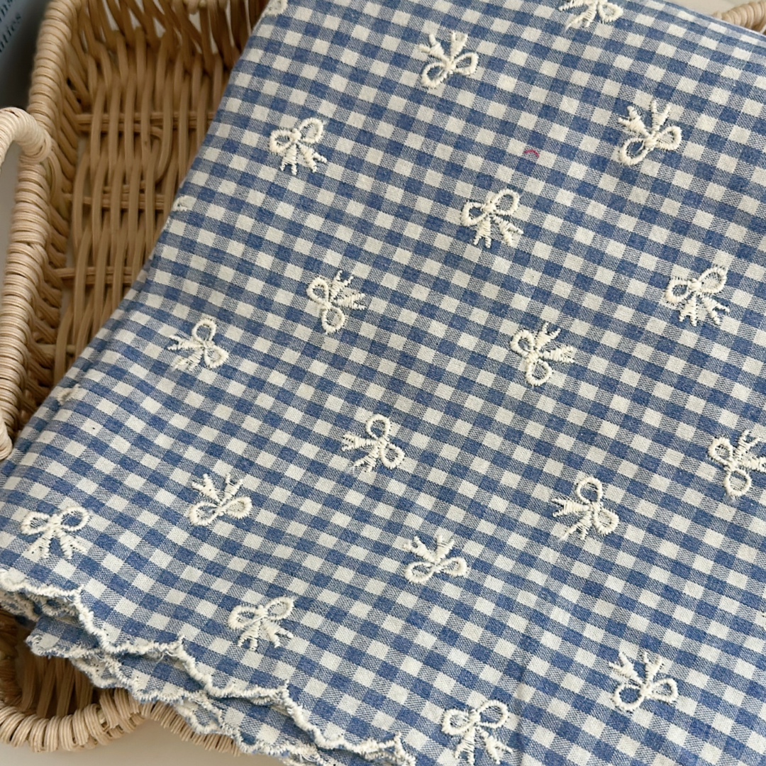 【予約】blue ribbon check / 刺繍 / コットン / リボン［EM007］
