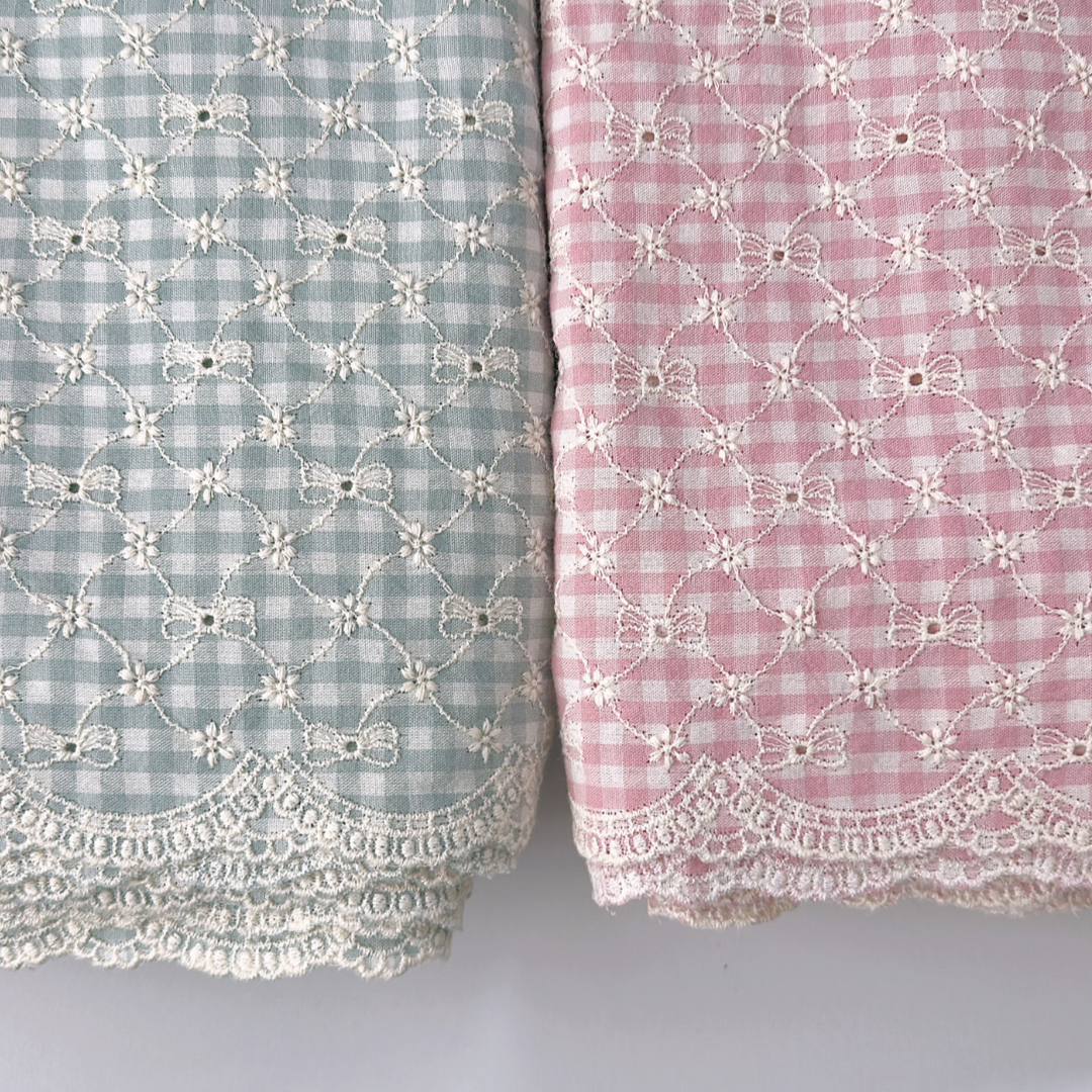 【即納】ribbon flower check  / 刺繍 / コットン / チェック / リボン / フラワー［EM003］