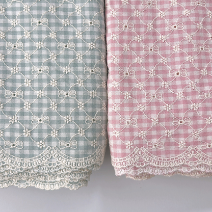 【即納】ribbon flower check  / 刺繍 / コットン / チェック / リボン / フラワー［EM003］
