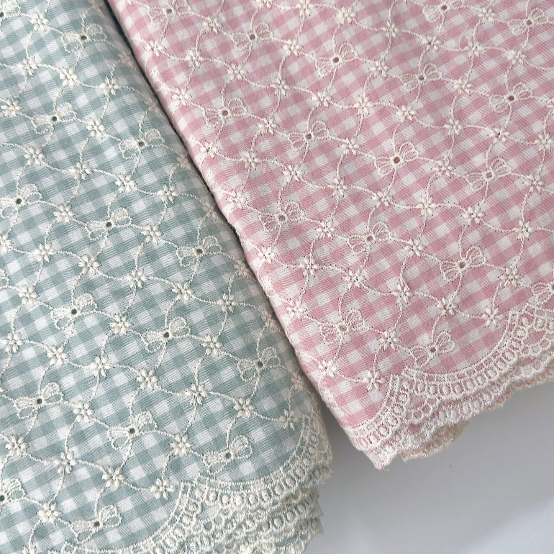 【即納】ribbon flower check  / 刺繍 / コットン / チェック / リボン / フラワー［EM003］