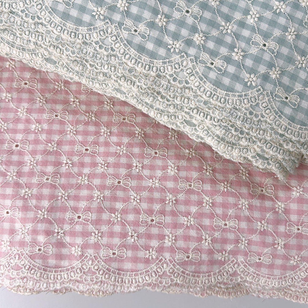 【即納】ribbon flower check  / 刺繍 / コットン / チェック / リボン / フラワー［EM003］