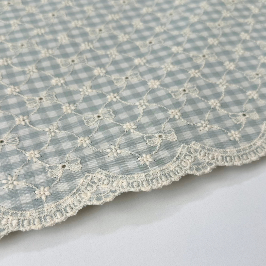 【即納】ribbon flower check  / 刺繍 / コットン / チェック / リボン / フラワー［EM003］