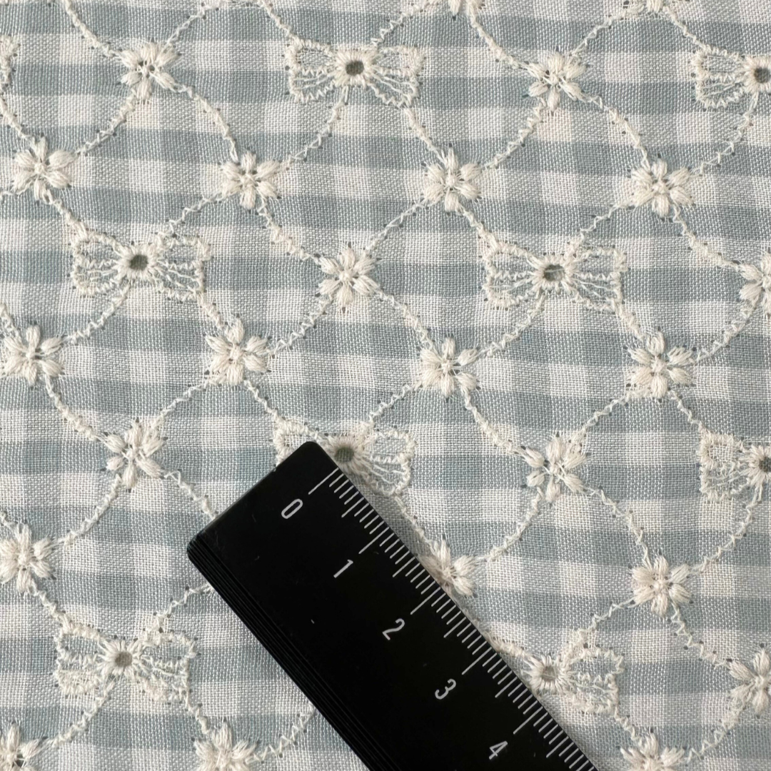 【即納】ribbon flower check  / 刺繍 / コットン / チェック / リボン / フラワー［EM003］
