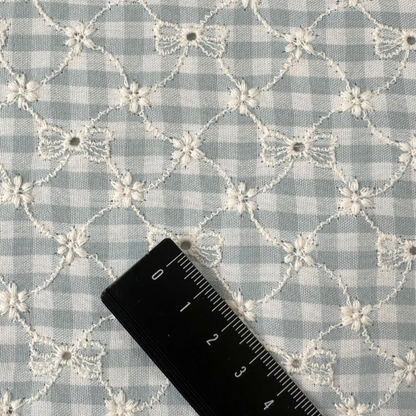 【即納】ribbon flower check  / 刺繍 / コットン / チェック / リボン / フラワー［EM003］
