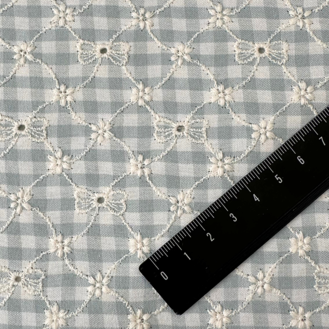 【即納】ribbon flower check  / 刺繍 / コットン / チェック / リボン / フラワー［EM003］