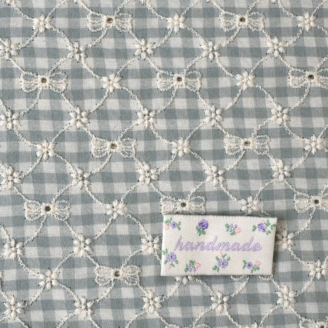 【即納】ribbon flower check  / 刺繍 / コットン / チェック / リボン / フラワー［EM003］