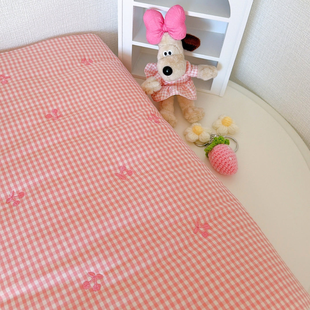 【即納】pink gingham cherry quilting / チェリー / ギンガム / チェック / コットン / キルティング［QU036］