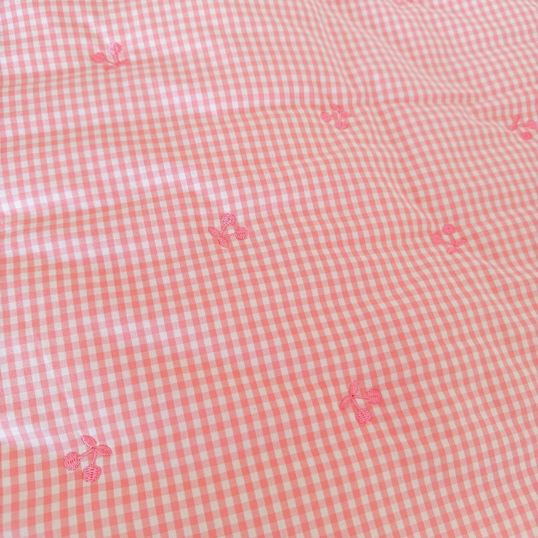 【即納】pink gingham cherry quilting / チェリー / ギンガム / チェック / コットン / キルティング［QU036］