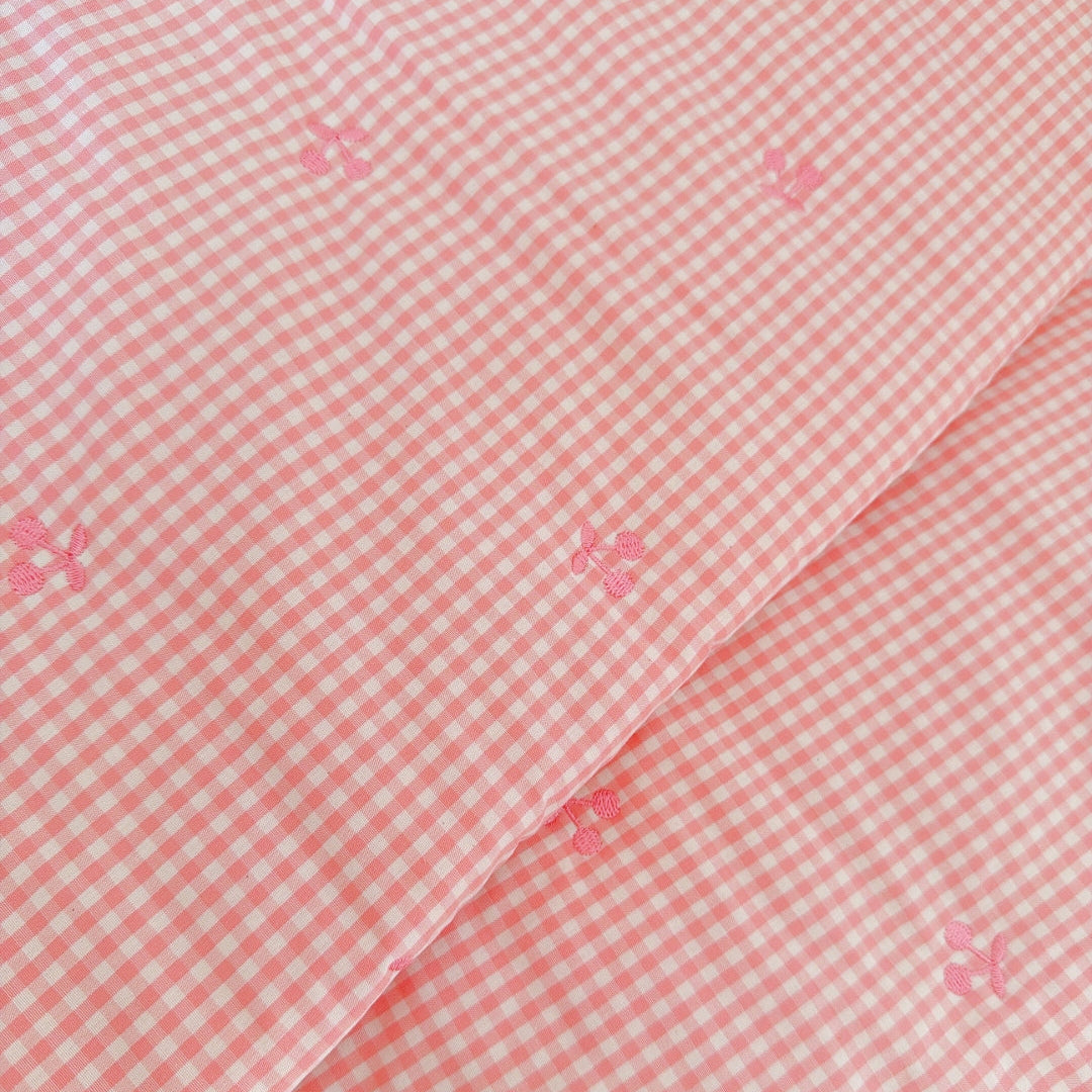 【即納】pink gingham cherry quilting / チェリー / ギンガム / チェック / コットン / キルティング［QU036］