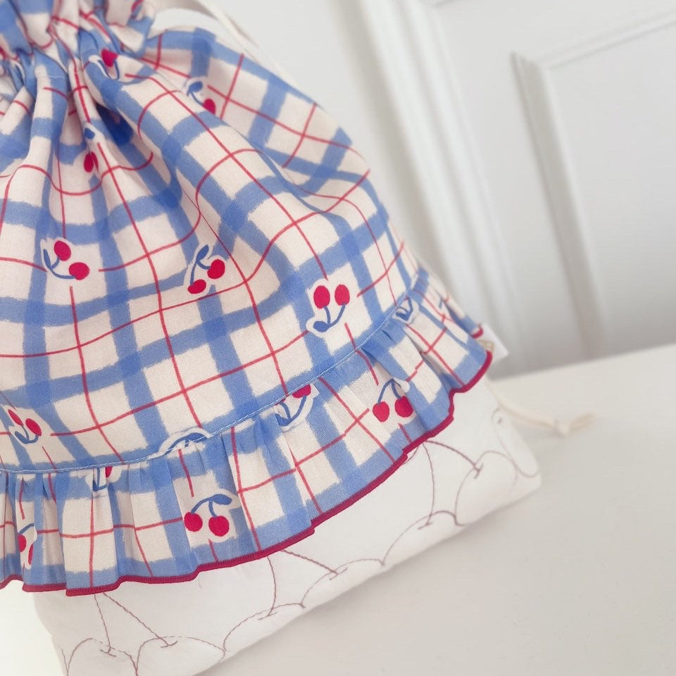 【即納】vintage blue check cherry  / コットン / チェック / チェリー /［CO009］