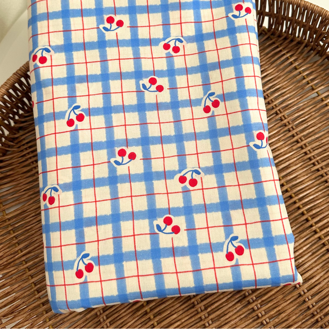 【即納】vintage blue check cherry  / コットン / チェック / チェリー /［CO009］
