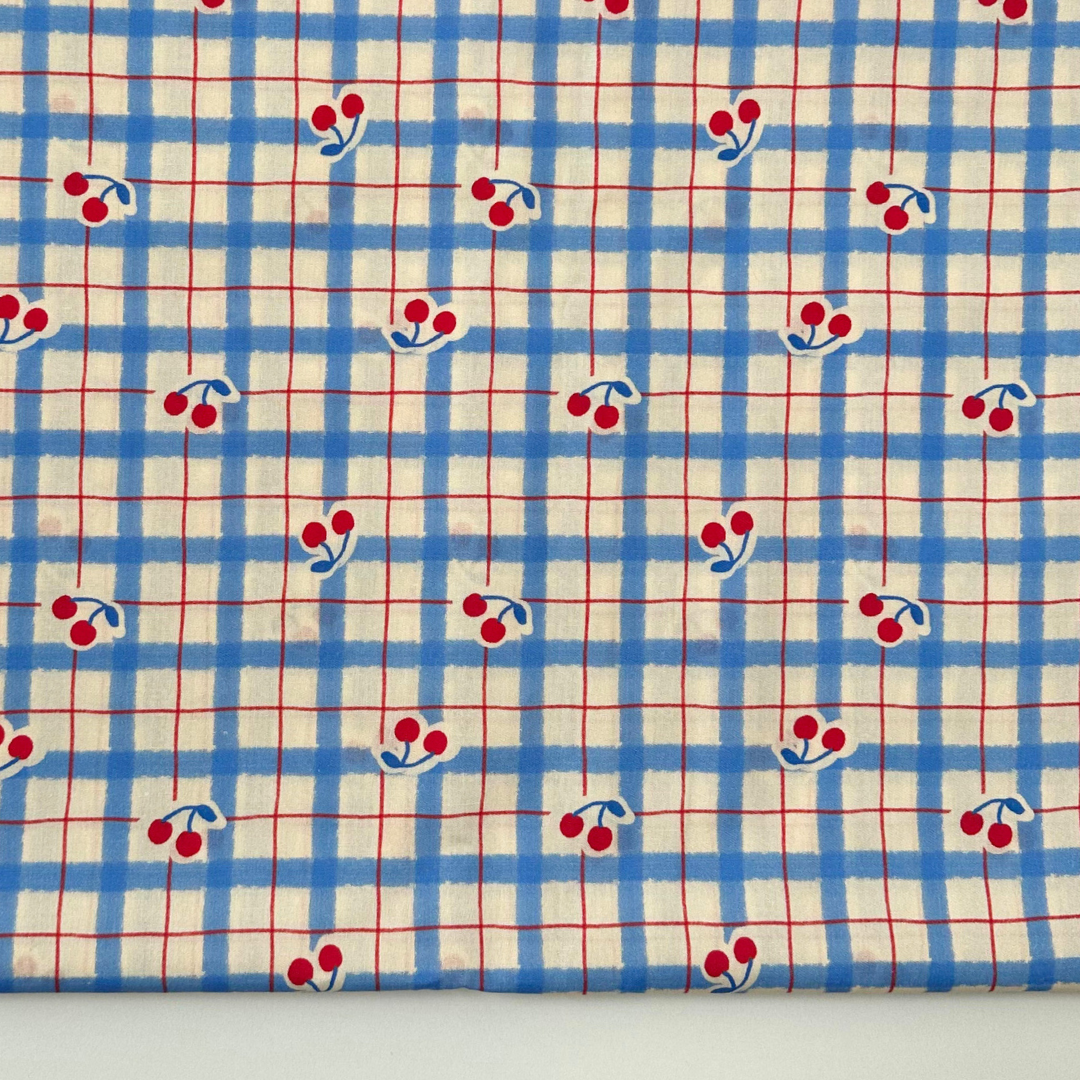【即納】vintage blue check cherry  / コットン / チェック / チェリー /［CO009］