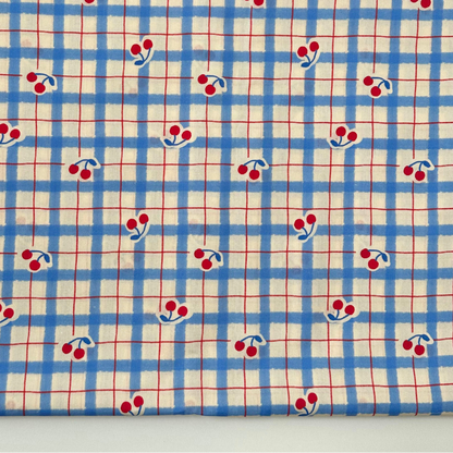 【即納】vintage blue check cherry  / コットン / チェック / チェリー /［CO009］