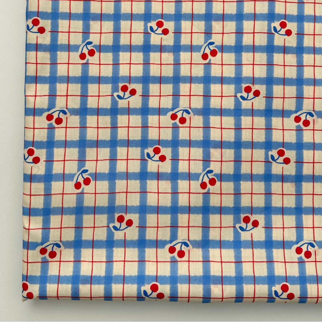 【即納】vintage blue check cherry  / コットン / チェック / チェリー /［CO009］