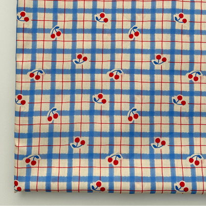 【即納】vintage blue check cherry  / コットン / チェック / チェリー /［CO009］