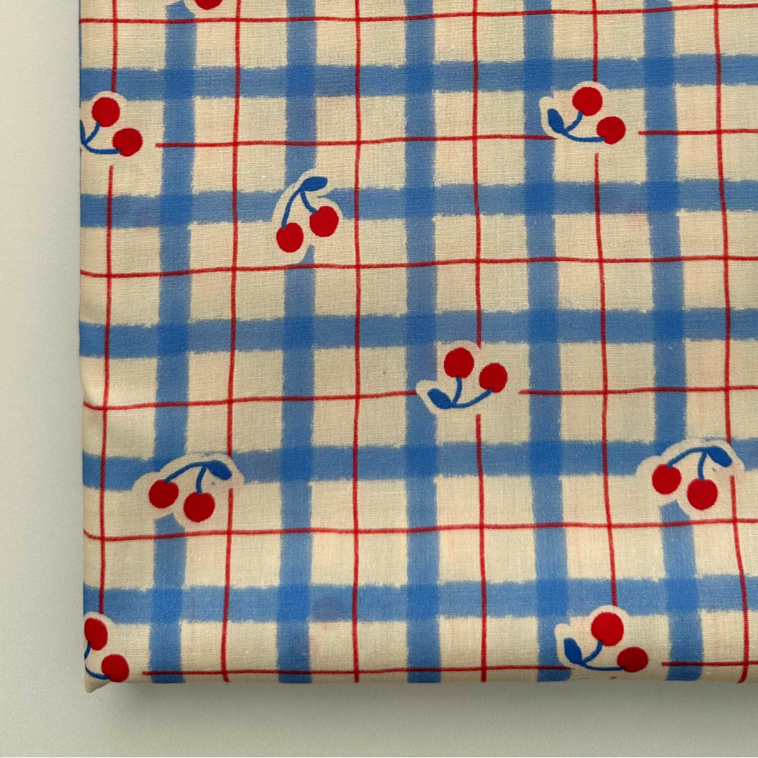【即納】vintage blue check cherry  / コットン / チェック / チェリー /［CO009］