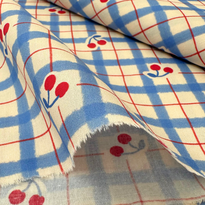 【即納】vintage blue check cherry  / コットン / チェック / チェリー /［CO009］