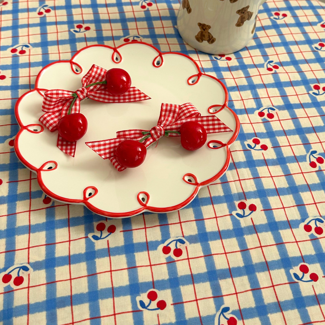 【即納】vintage blue check cherry  / コットン / チェック / チェリー /［CO009］