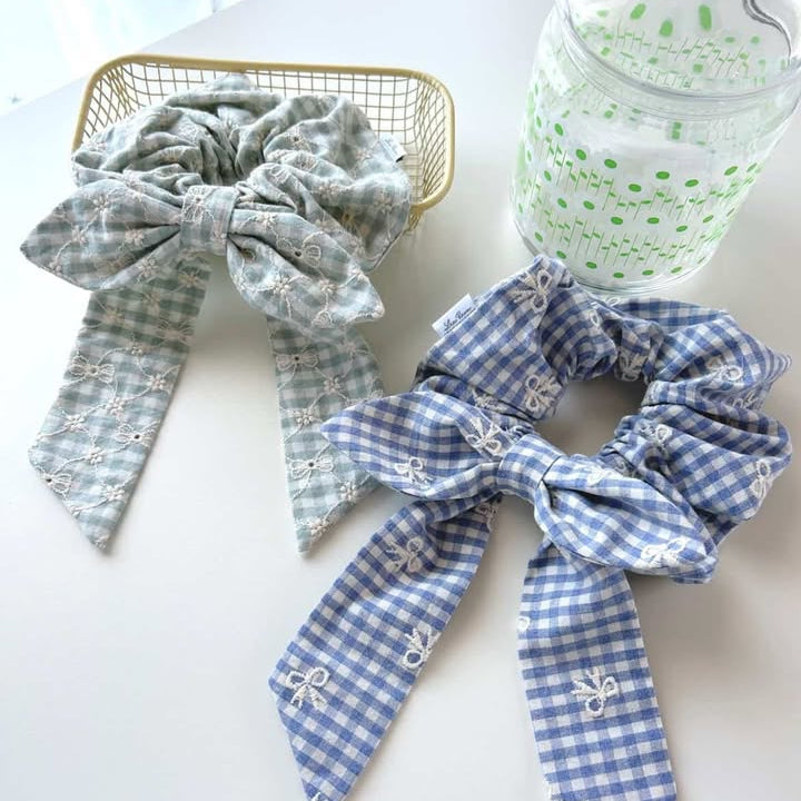 【即納】ribbon flower check  / 刺繍 / コットン / チェック / リボン / フラワー［EM003］